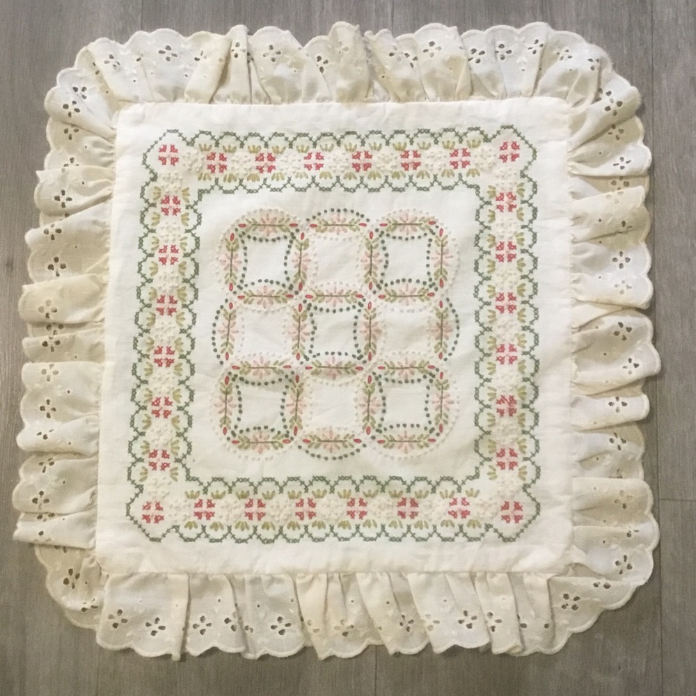 Embroidered Square Ruffled Accent Pillow Cover - Cream with Pink & Green
